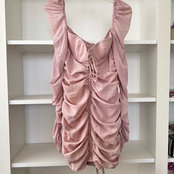 OH POLLY Fantasy Long Sleeve Ruched Mesh Blush Mini Dress - Picture 5 of 9